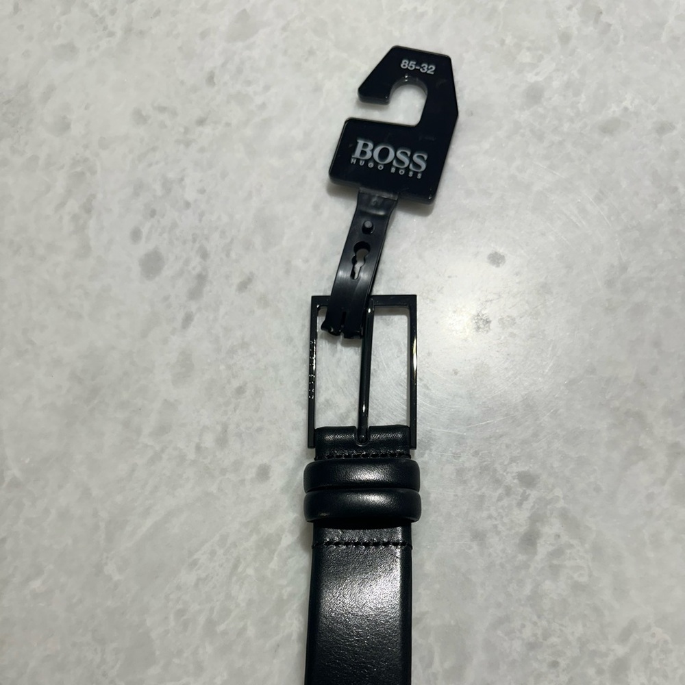 Hugo Boss black leather belt with gunmetal buckle